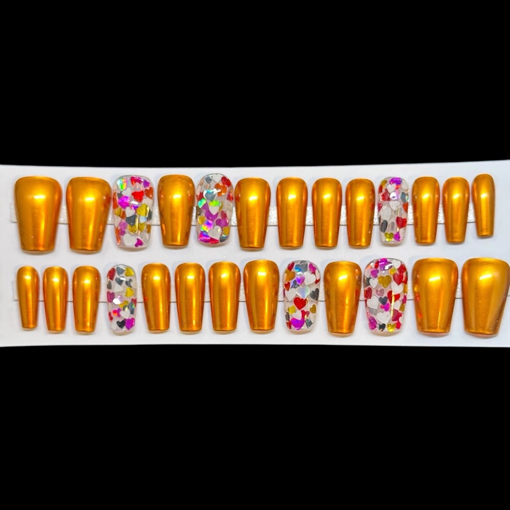 Handmade Custom Press On Nails UV Gel Medium Length Square Copper Nails & Hearts